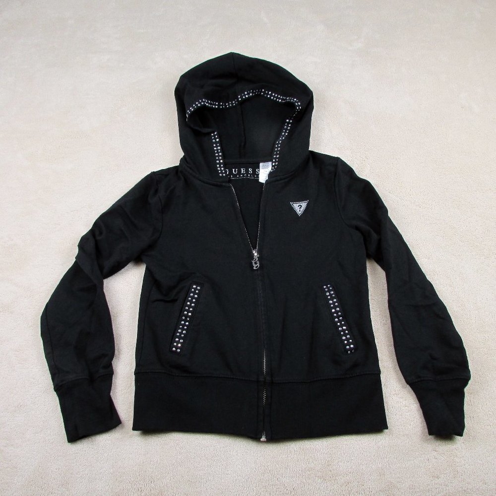 GUESS LOS ANGELES BLACK ZIP FRONT HOODIE JACKET LITTLE GIRLS S 7-8 BLING NICE